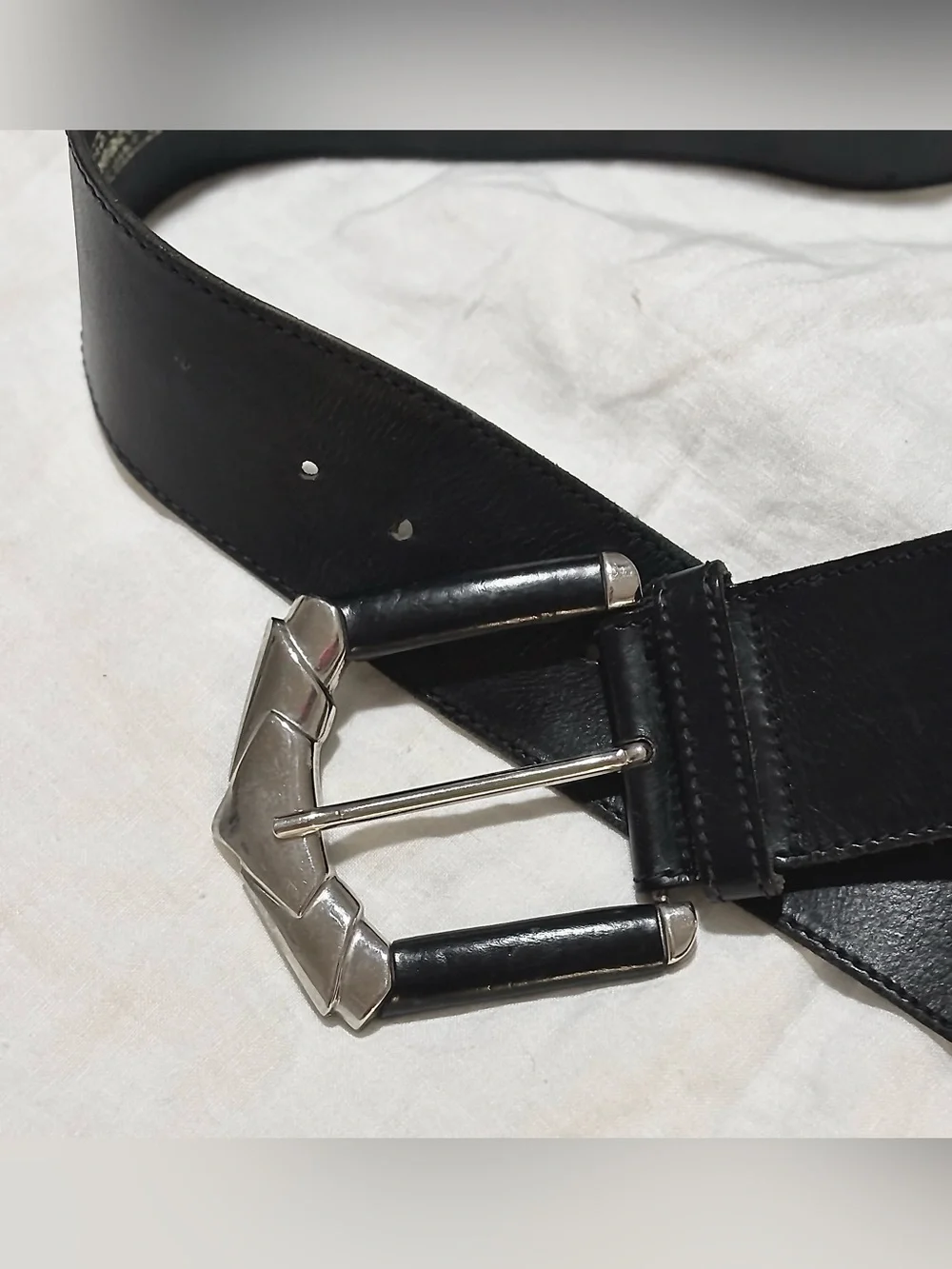 Black Leather wide Belt with Silver Geometric Buckle